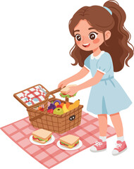 Cartoon Style Girl Packing Picnic Basket with Food Illustration