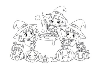 Three Cute Chibi Witches Brewing a Magic Potion Coloring Page.