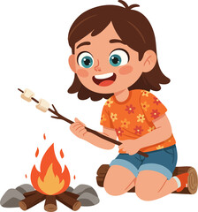 Cartoon Cheerful Girl Roasting Marshmallow on Campfire Illustration Design