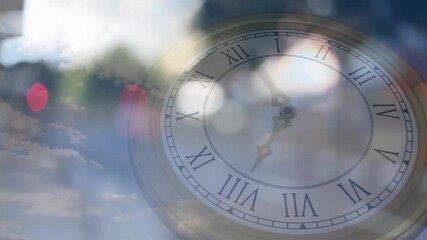 Scene opening on street, translucent clock overlay advancing minute hand, illustrating time flow - Powered by Adobe