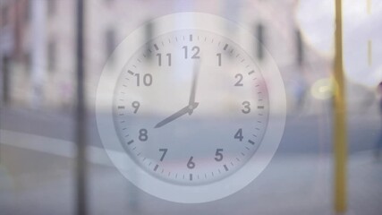 Blurred pedestrians crossing initiating clock overlay advancing time showing shift midday to dusk - Powered by Adobe