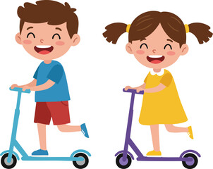 Cartoon Style Children Riding Scooter Illustration with Playful Expressions