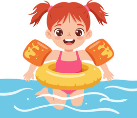 Cartoon Illustration Happy Girl in Swimming Tube and Arm Floaties