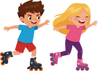 Cartoon Happy Children Roller Skating Outdoor Sport Leisure Activity