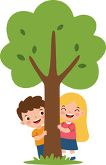 Cartoon Illustration of Boy and Girl Playing Hide and Seek near Tree