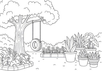 Black and white garden scene with tire swing and plants.