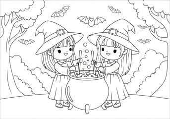 Cute Halloween Witch Girls Stirring Cauldron in Spooky Forest Coloring Page.