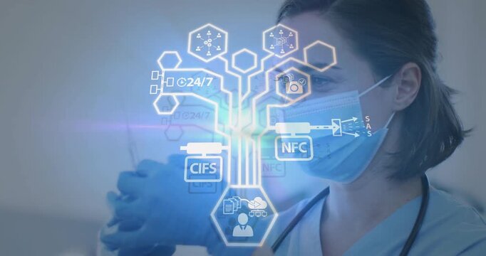 Doctor prepping syringe while hexagon sending cloud data with CIFS NFC streams showing data flow - Powered by Adobe