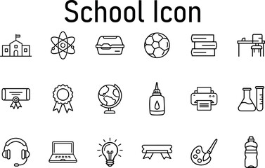 Collection of school and education icons, including a school building, atom, lunchbox, soccer ball, books, desk, diploma, medal, test tubes, headphone isolated on transparent background