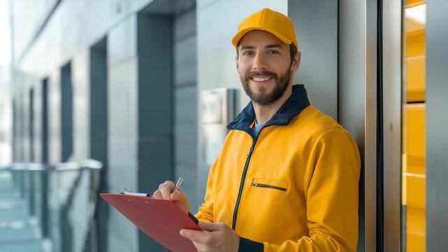 Confident courier in bright yellow outfit poses with clipboard, representing fast and reliable delivery services. Urban background highlights efficiency and professionalism in logistics industry