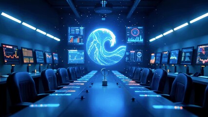 Futuristic command room with blue holographic globe at center, rows of monitors, neon soft lighting - Powered by Adobe