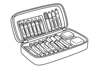 Black and white line art of an open pencil case with crayons and markers.