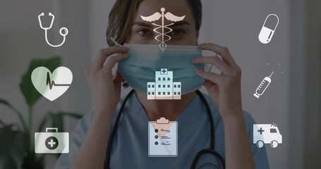 Female doctor reaching for mask and adjusting mask ensuring safety with floating healthcare icons - Powered by Adobe