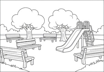 Black and White Playground Scene with Benches and Slide.