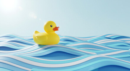 Rubber duck toy on blue water waves summer vacation beach toy bath toy yellow duckling cute adorable sunshine