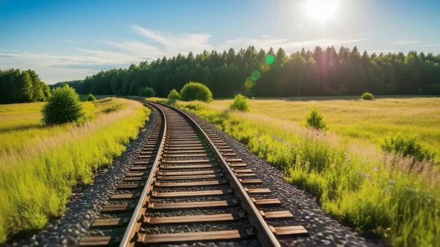 single railway track curves through sun-drenched fields of green and golden grass Wooden sleepers and gravel support the steel rails A dense forest lines the horizon under clear blue sky with bright s