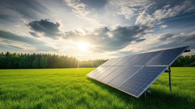 large solar array stands in vibrant green field under dynamic sky with sun rays piercing through clouds A distant forest line borders the horizon capturing golden hour light