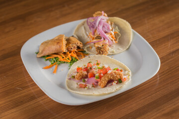 Assortment of Mexican Fish Tacos and a Fried Empanada on a White Plate