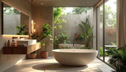 Sunlit Modern Bathroom Oasis with Lush Greenery and Neutral Tones Bathtub Hardwood Floor, a Serene Indoor Outdoor Escape, Soft Natural Light