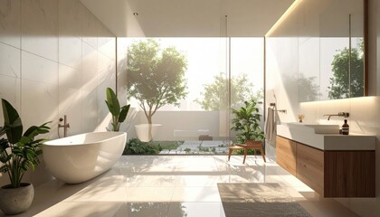 Sunlit Modern Bathroom Interior with White Tub and Green Plants Minimalist Design and Natural Light Warm Ambiance and Elegant Fixtures Serene Retreat