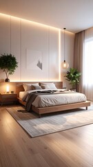 Sunlit Modern Bedroom Interior with Wooden Accents Beige Linens and Lush Greenery Against a Cream Wall Backdrop