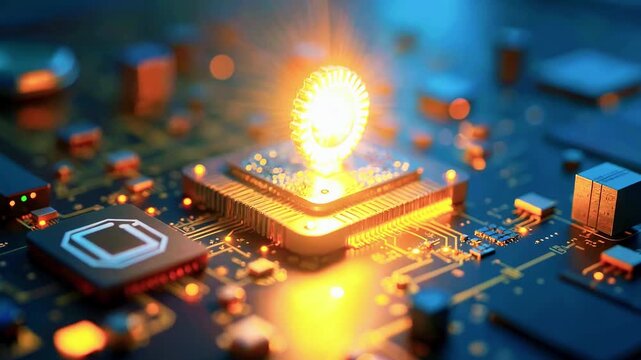 Macro shot of a glowing LED on a blue circuit board, microchip illuminated with warm sparks. aurora!