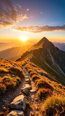 Sunlit Mountain Ridge at Dawn with Golden Light and a Narrow Trail Leading to a Peak in a Scenic Landscape with Warm Hues