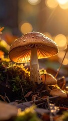 Sunlit Mushroom Cluster in Forest with Golden Backlight and Earth Tones Cinematic Shot