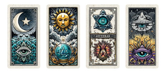 Artistic Tarot Cards with Mystical Symbols and Vibrant Colors on White Background