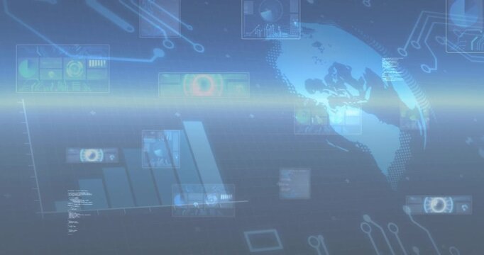 beam bisecting frame starting globe drifting while UI panels emerging and bars rising for interface