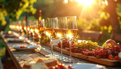 Sunlit Outdoor Feast with Wine Glasses and Fruit on Rustic Table in Golden Light Celebration with Friends and Family on Wooden Surface