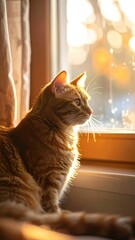 Sunlit Orange Tabby Cat Gazing Out Window with Bokeh Background in Warm Indoor Light
