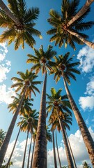 Sunlit Palms Reaching Skyward with Azure Blue and Fluffy White Clouds in Vertical Composition Ideal for Nature and Tropical Themes