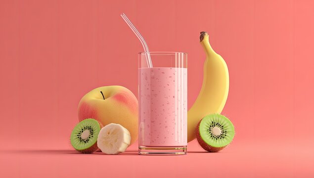 A strawberry smoothie with a straw, and surrounded by an apple, banana and kiwi - Powered by Adobe