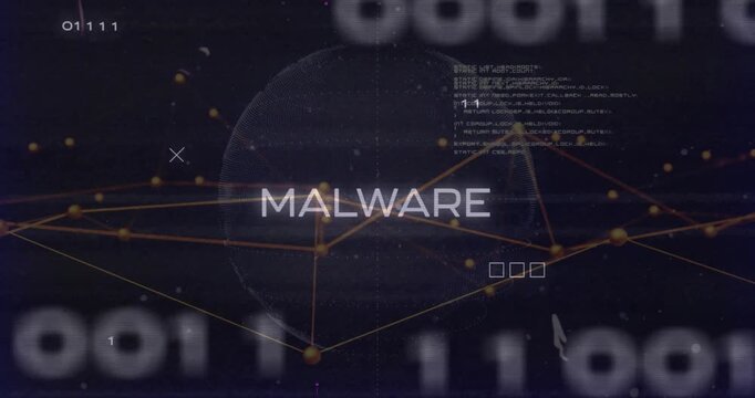 Partial MAL letters fading into MALWARE while 3D sphere rotating, nodes pulsing revealing malware