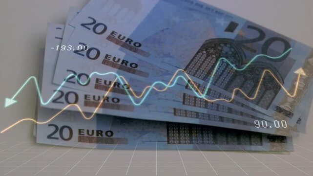 Initial banknote stack shifting while color graphs animating and updating to show trend shifts