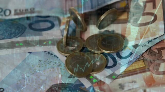 Euro coins dropping from above, stacking on banknotes under stock chart overlays showing growth