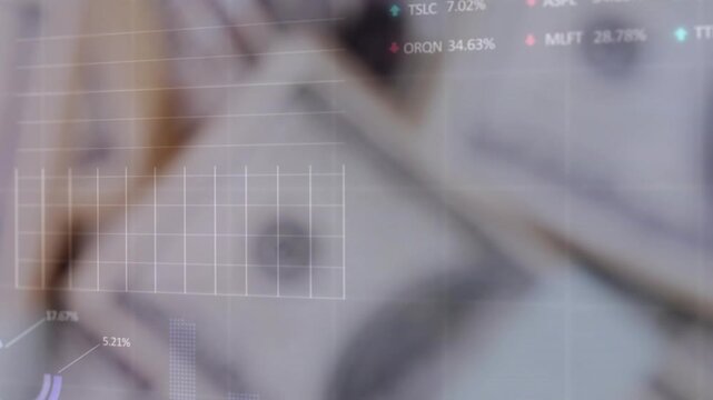 Fading transparent grid overlay updating tickers and charts while revealing US dollar stacks