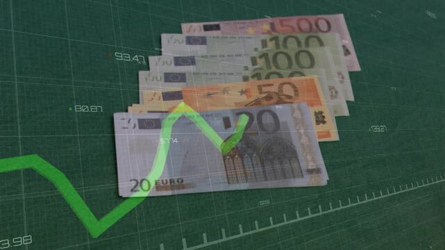 Green line graph starting tracing from left across grid as euro notes stacking guiding growth peak