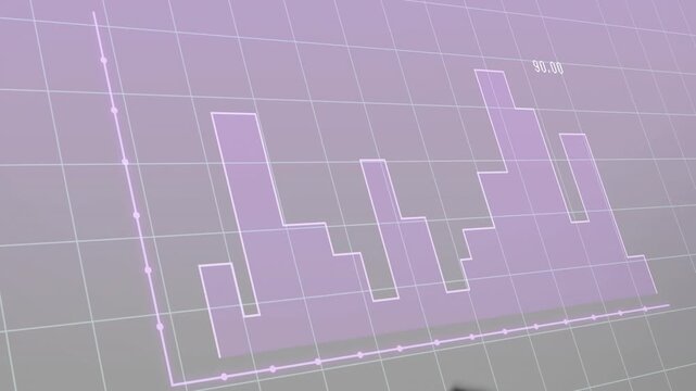Purple grid white histogram drawing then USD bills drifting, tumbling, exiting visualizing finance