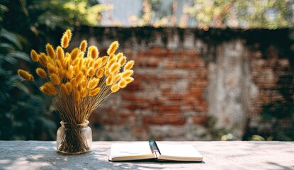 A bouquet of fluffy, yellow flowers in a clear glass vase sits beside an open notebook on a weathered gray surface, with a brick wall and greenery in the background