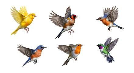 Fototapeta premium A collection of six diverse birds in flight, showcasing a variety of species and vibrant plumage against a clean white background
