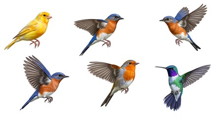 Naklejka premium A Collection of Six Beautiful Birds in Flight Canary, Bluebirds, Robin, and Hummingbird