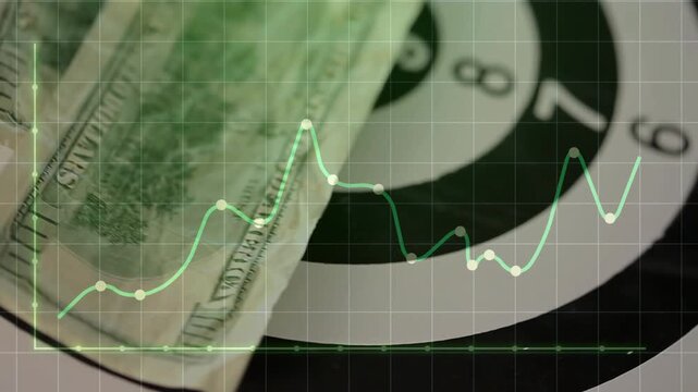 Dollar bill entering sliding across concentric target with graph fluctuating visualizing growth