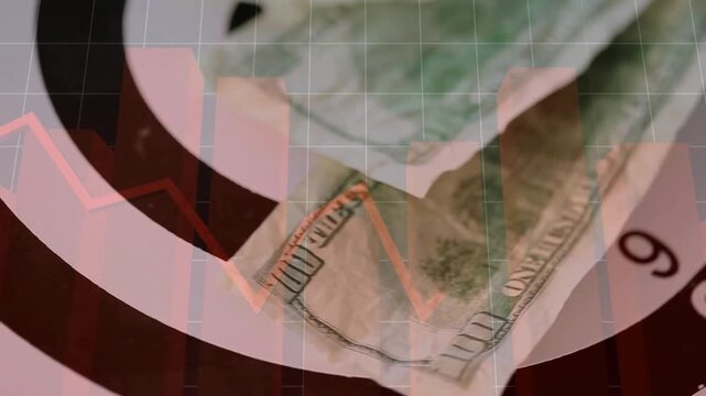 Folded dollar entering sparking bills drifting toward bullseye, chart rising showing strategy