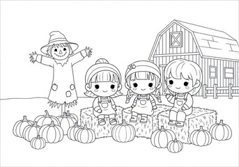 Autumn Harvest Coloring Page with Children and Scarecrow.