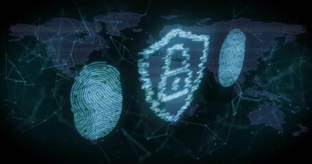 Streaming bits forming fingerprints and shield pulsing into lock icon showing secure network access - Powered by Adobe