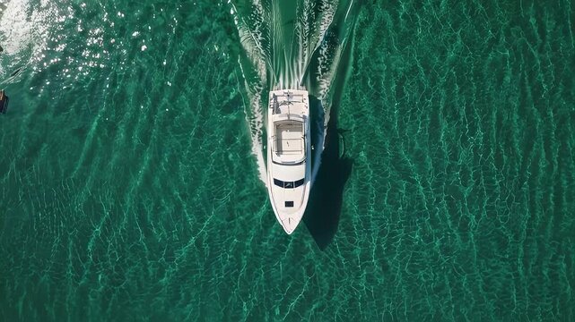 Overhead view of a white boat sailing on turquoise water, creating a wake. Sunlight glints off surface