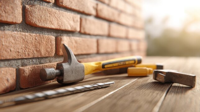 A collection of tools including a hammer, drill bit, and yellow screwdriver rests on a wooden surface next to a textured brick wall under sunlight.