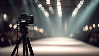 A camera on a tripod films a runway at a fashion show with soft focus lights